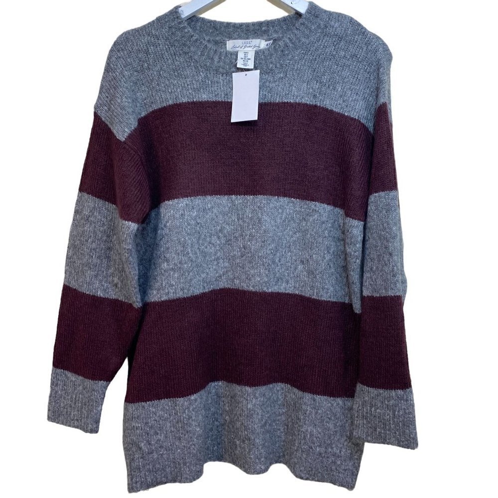 H&M L.o.g.g. Womens Sweater Small Gray Maroon Varsity Stripe NWT Acrylic Blend